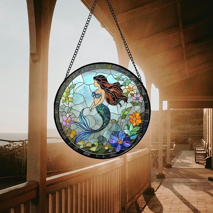 Stained Glass Window Hanging - Light Blue Mermaid Suncatcher for Door Terrace Garden Home Decor, Ocean Flowers Sun Catcher Birthday Gifts for Lovers Women Men Dad Mom Nana 11.8 in