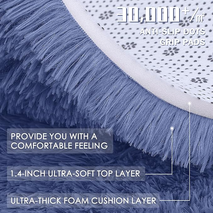 OLANLY Denim Blue Round Rugs for Bedroom - Machine Washable, 7 ft Circle Area Rugs for Living Room, Soft and Fluffy Shaggy Carpet for Teen Girl and Boys, Nursery Rooms, Dorms, Home Decor Aesthetic