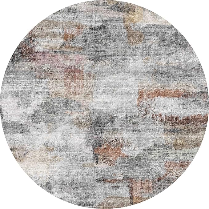 vivorug Round Rug 6ft Abstract Round Area Rug Non-Slip Indoor Carpet for Living Room Bedroom Entryway, Stain Resistant Home Decor Circle Rug, Grey/Rust