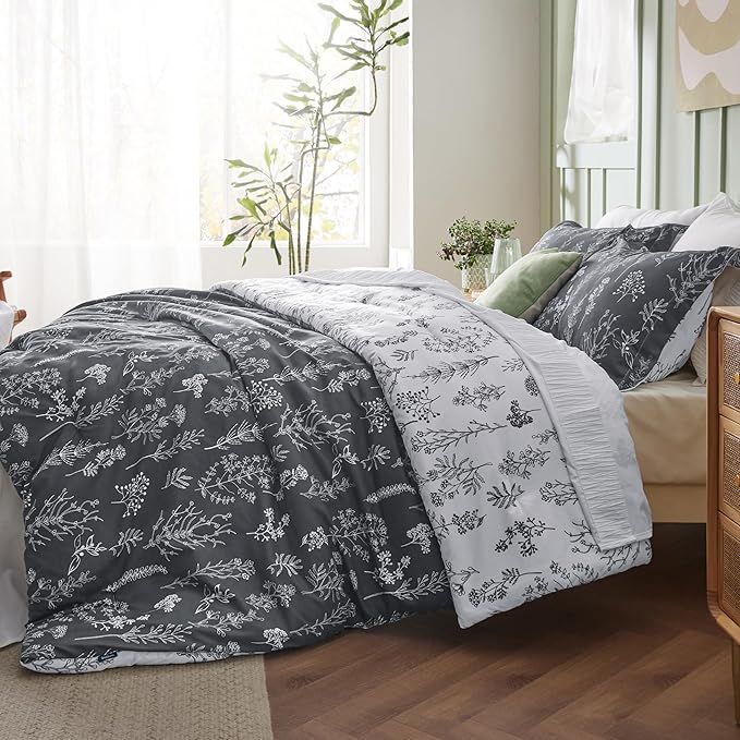 Bedsure Full Comforter Set - Dark Grey Bed Set, 3 Pieces Cute Floral Bedding, 1 Soft Reversible Botanical Flowers Comforter and 2 Pillow Shams