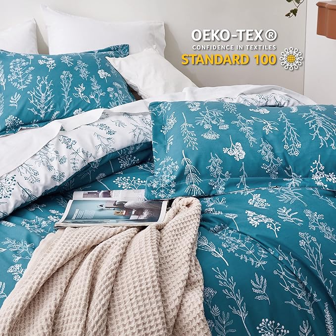 Bedsure Full Comforter Set - Teal Blue Bed Set, 3 Pieces Cute Floral Bedding, 1 Soft Reversible Botanical Flowers Comforter and 2 Pillow Shams