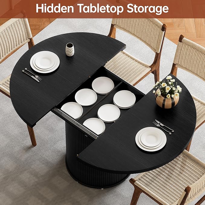 Extendable Round Dining Table for 4-8, 43in-59in Modern Wood Dining Room Table with Removable Leaves, Extendable Dinner Tables w/Heavy Duty Base for Kitchen|Living Room|Small Space, Black