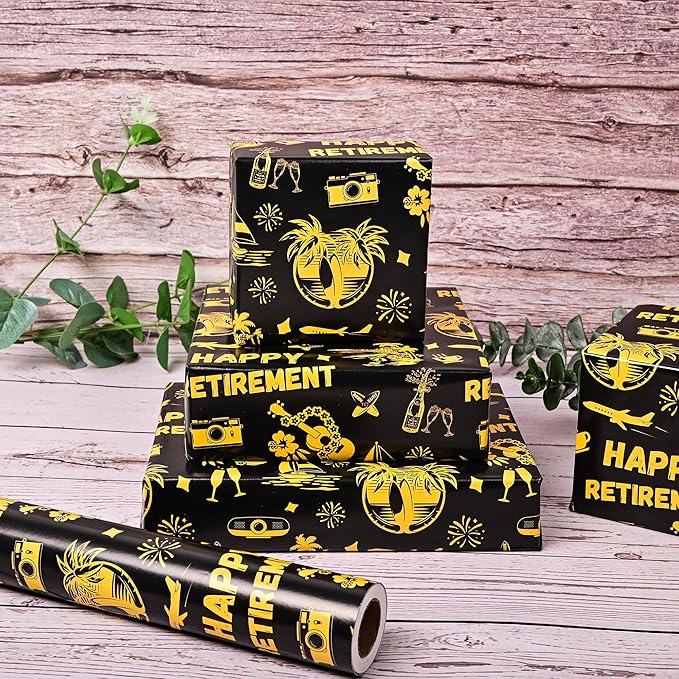 Altarho Retirement Wrapping Paper Roll for Womem Men - Happy Retirement Holiday Design Black Going Away Gift Wrap Sheets for Birthday Celebration Farewell Party Supplies Total 28.5sq.ft