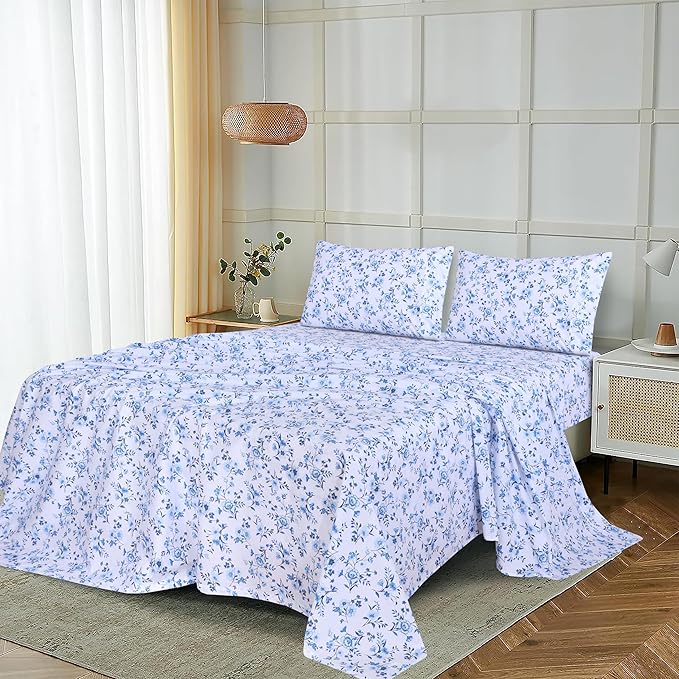 RUVANTI 100% Cotton King Size Sheets Set, 4 Pieces, Soft & Breathable Percale Weave Bedding, Deep Pocket 16", Hotel Standard, Crisp Cool Feel, Durable, Perfect Floral Bed Sheet, Annual