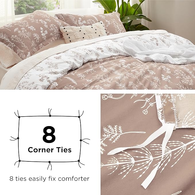 Bedsure Duvet Cover King Size - Reversible Light Taupe King Duvet Cover Set with Zipper Closure, 3 Pieces Floral Patterned Bedding Set with 8 Corner Ties and 2 Pillow Shams