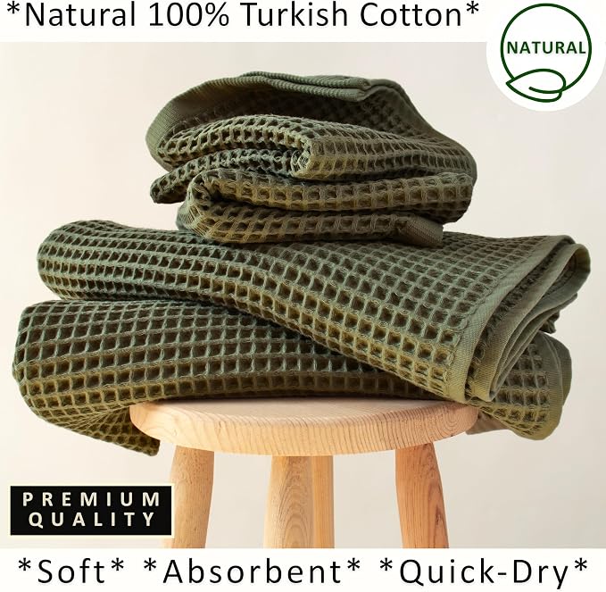 PÜSKÜL 4-Piece Natural 100% Turkish Cotton Luxury Waffle Towels for Bathroom | Premium Honeycomb Weave 2 Hand Towel & 2 Bath Towel Set | Soft Absorbent Quick-Dry Lightweight Towels (Khaki Green)