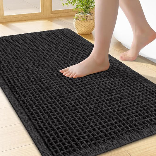 Smiry Waffle Bath Mat 24x16, Extra Soft Absorbent Bathroom Rugs, Non Slip Machine Washable Quick Dry Bath Rugs for Bathroom Floor, Tub, Shower, Home Decor Accessories, Black