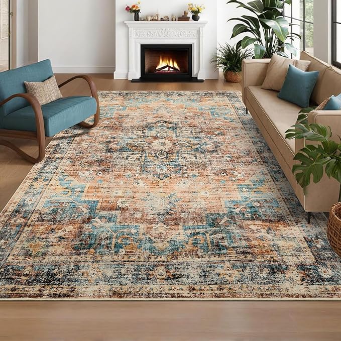 5x7 Area Rug Washable Boho Vintage Medal Print Small Carpet Non Slip Office Rugs Low Pile Soft Bedroom Carpet Non Shedding Nursery Floor Mats for Kitchen Dining Living Room Green Brown