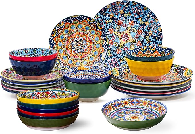 24 Pieces Dinnerware Sets, Ceramic Plates and Bowls Set, Microwave and Dishwasher Safe, Scratch Resistant, Bohemian Style Dishware Set, Service for 6