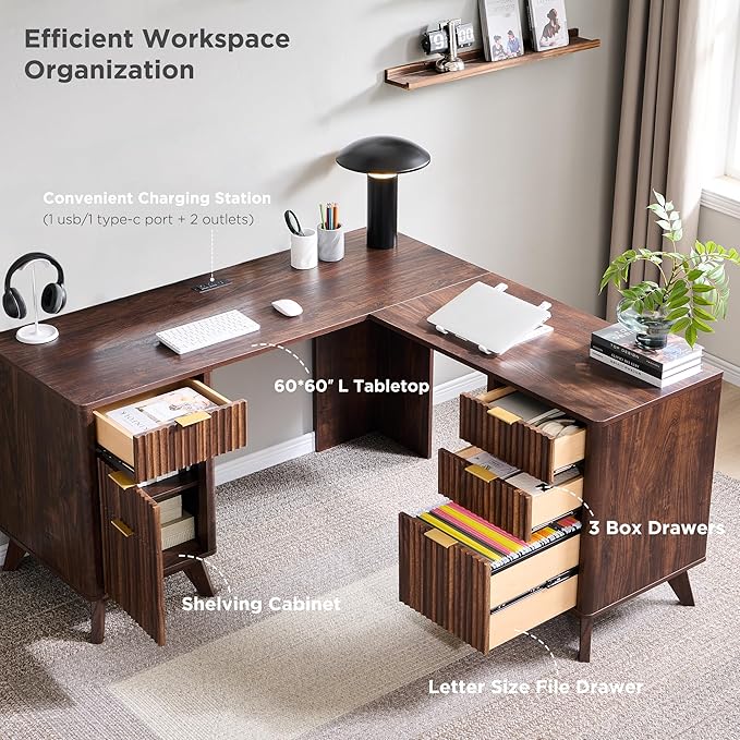 T4TREAM 60'' Fluted Executive L Shaped Desk, Modern Home Office Desk with Charging Station and File Drawer, Computer Corner Desks with Drawers & Storage Cabinet for Office Home, Bedroom, Dark Walnut