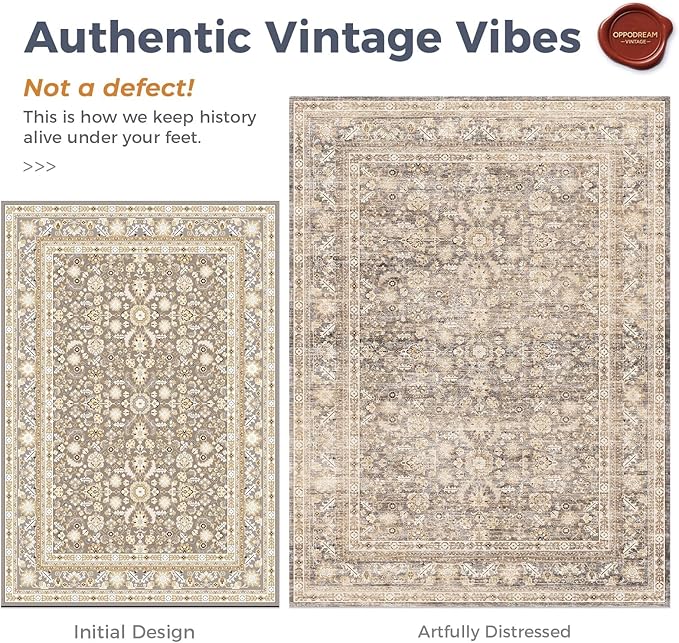 OPPODREAM Vintage Beige Area Rugs 6x9, 6 x 9 Retro Washable Rug Non Slip, Low-Pile Faux Wool Carpet, Distressed Tan Floor Mat for Living Room, Bedroom, Kitchen, Office, Dorm, Dinning Room