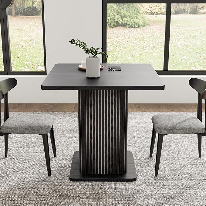 Small Black Dining Table for 2-4, 31.5 Inch Farmhouse Square Kitchen Table with 2-Tier Storage Shelf, Modern Wood Dinner Furniture with Fluted Doors, Dining Room, Living Room, Space Saving