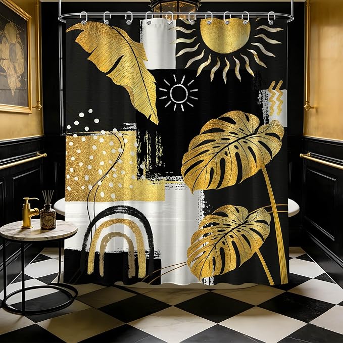 Small Stall Narrow Black and Gold Shower Curtain Boho Stand Up Abstract Dark Mens Shower Curtains for Rv Camper Bathroom Decor Sets, Waterproof Cloth Fabric with Hooks, 36 x 72 Inch
