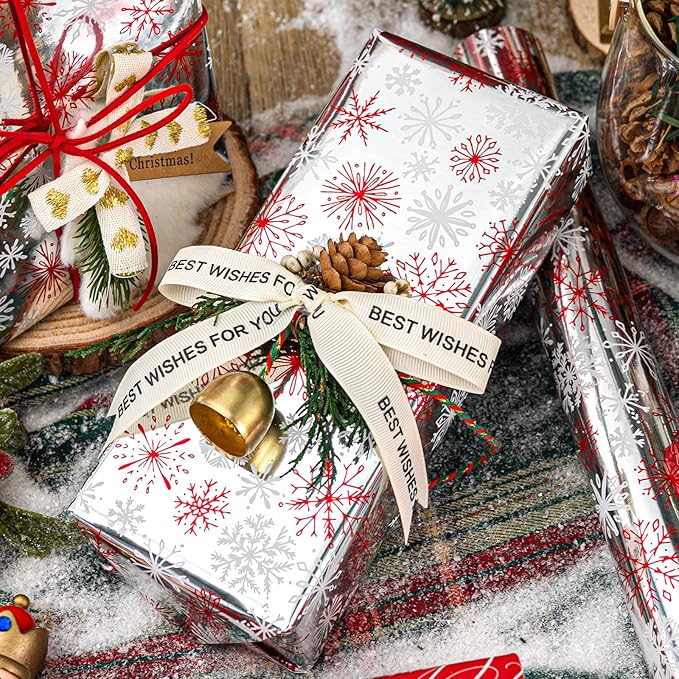 MAYPLUSS Christmas Wrapping Paper Roll - 17IN X 33FT - Christmas Gift Wrapping Paper Featuring Red and White Snowflake Against Silver Reversible Merry for Kids, Holiday, New Year