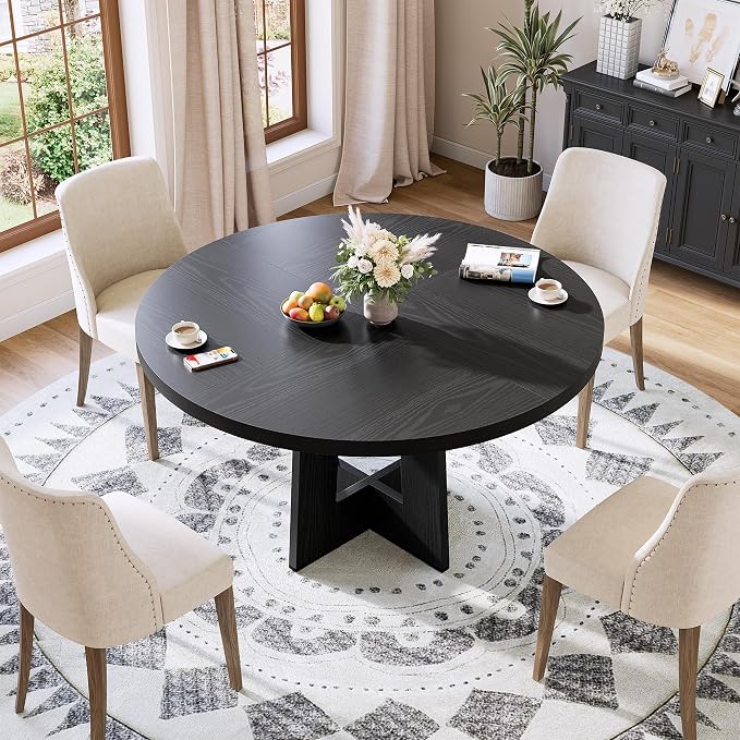 Garvee 47" Round Dining Table for 4-6 People - Circle Kitchen Dinner Table with Sturdy Pedestal Base, Space Saving Dinning Room Furniture for Living Room, Kitchen, Apartment, Black