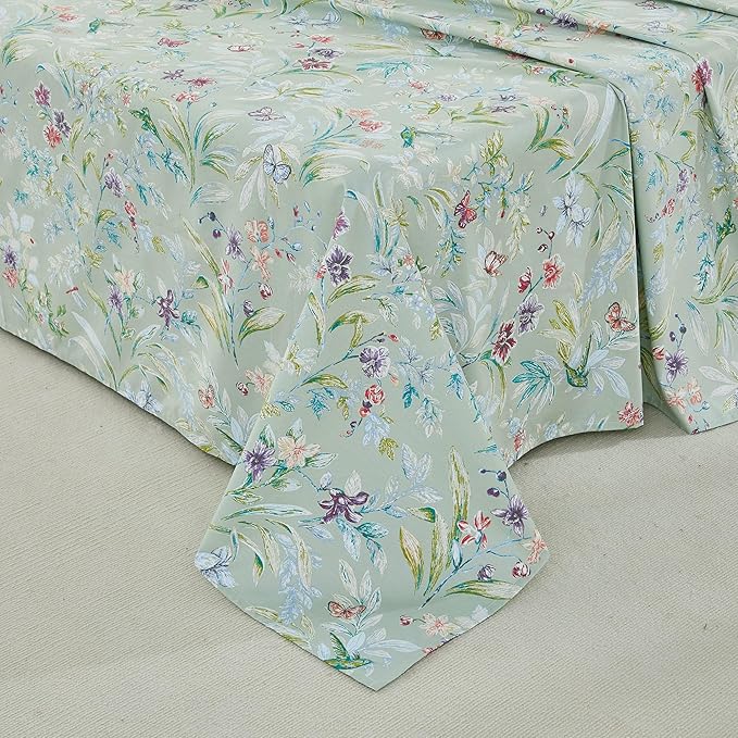 Brandream Bed Sheets Garden Style Butterfly Floral Bedding Elegant Watercolor Painting Farmhouse Queen Size Sheets Set Luxury Bedding Collections 100% Egyptian Cotton Deep Pocket, 4 Piece Green