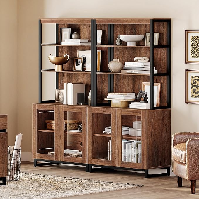 WAMPAT 2 PCS Modern 72" Tall Bookcases with Glass Doors and Adjustable Shelves, Library Book Shelf with Storage Cabinet and Open Book Shelfs, Wood Bookshelves for Home Office, Living Room, Brown