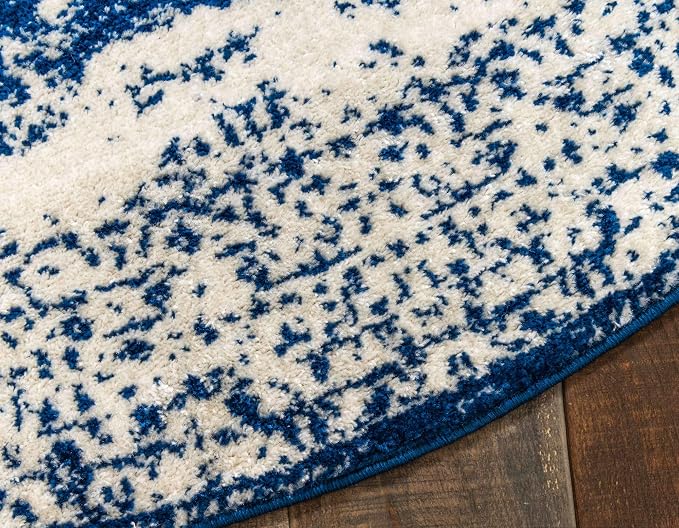 Unique Loom Bromley Collection Area Rug - Wells (3' 1" Round, Ivory and Blue/ Ivory)