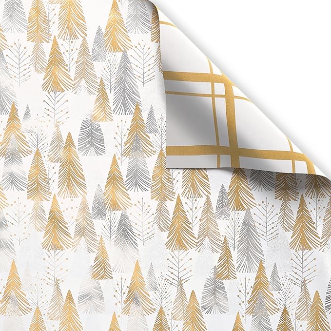 American Greetings Foil Christmas Wrapping Paper Roll, Metallic Vintage Gold and White Holiday Gift Wrap (30 sq. ft., 1 Reversible Roll-30 in. x 12 ft.) Plaid and Trees