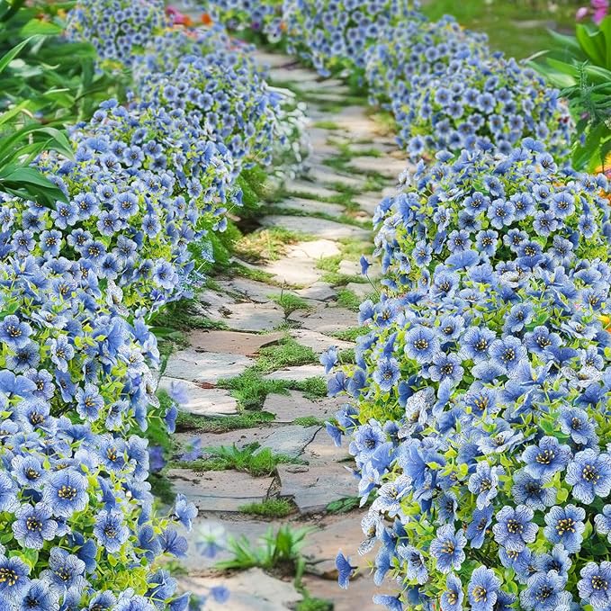 Artificial Flowers Outdoor Faux Plants UV Resistant Fake Patio Flowers Plastic Greenery Plnats Outside Bulk for Spring Garden Hanging Planter Home Vase Decor, 12 Bundles (Blue)