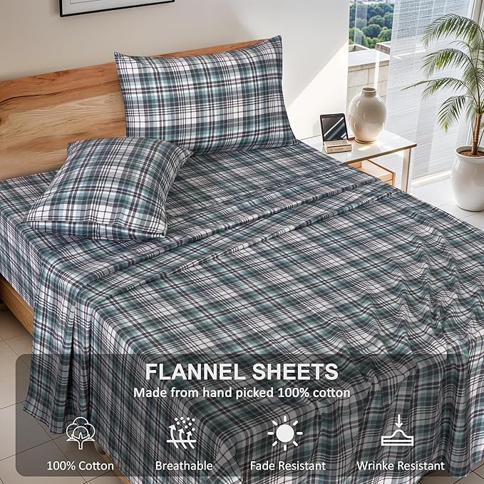 RUVANTI Flannel Sheets California King Size - 100% Cotton Brushed Cal King Bed Sheets Set - Deep Pockets 14 Inches - All Seasons Breathable & Extra Soft - Warm & Cozy, 4 Piece, Mint Grey