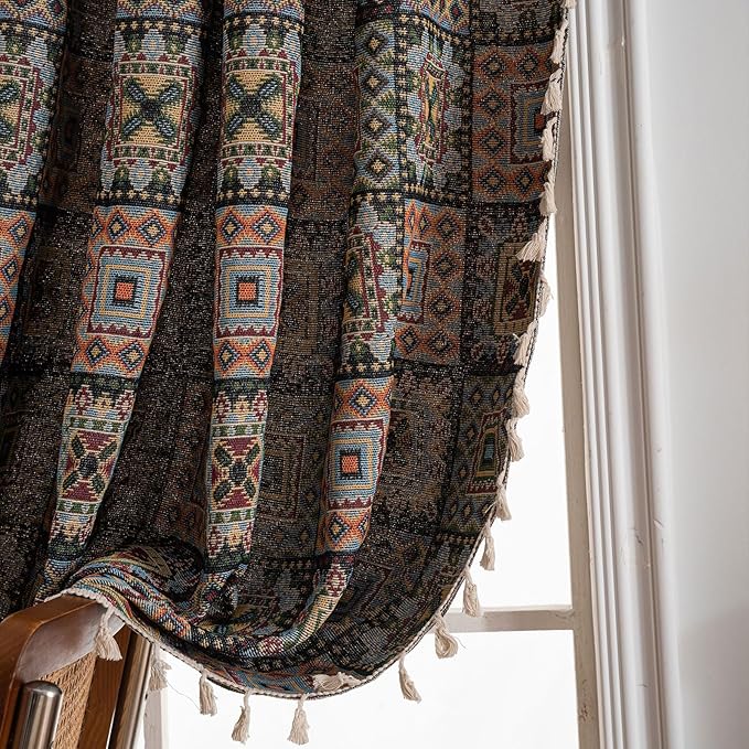 ENJOYBRIDAL Patchwork 63 Inch Curtains for Bedroom Living Room Drapes Jacquard Bohemian Semi Sheer Short Window Curtains 2 Panel Sets Vintage Geometric Black Rod Pocket Boho Window Treatments