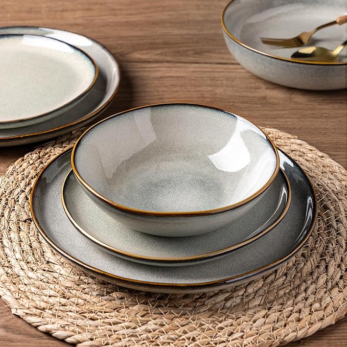 AmorArc Ceramic Dinnerware Sets,Handmade Reactive Glaze Stoneware Plates and Bowls Sets,Highly Scratch Resistant | Dishwasher & Microwave Safe Dishes Set,Service for 4 (12pc)