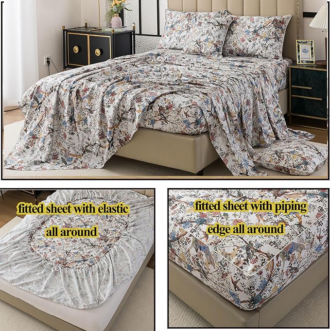 FADFAY Sheets Set Cal King Shabby Botanical Bird Floral Bed Sheets Vintage Mocha Mousse Branches Bedding Collections 100% Egyptian Cotton Breathable Soft 17.7" Deep Pocket 4Pcs, California King Size