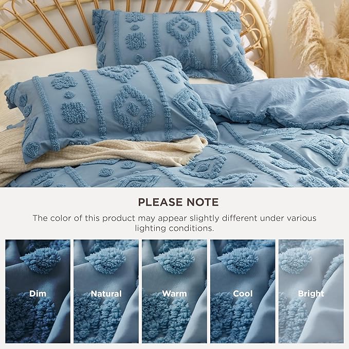 Bedsure Boho Duvet Cover Queen Size - Dusty Blue Tufted Boho Bedding, Farmhouse Shabby Chic Embroidery Bedding for All Seasons, 3 Pieces, 1 Soft Jacquard Queen Comforter Cover and 2 Pillow Shams