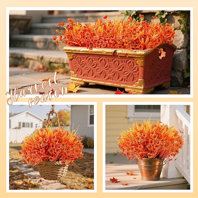 Der Rose 24 Bundles Fall Mums Artificial Flowers for Outdoor Fake Flowers Plants UV Resistant for Home Garden Porch Window Wedding Decor（Orange）