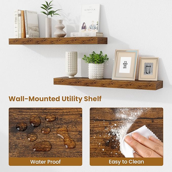 Fun Memories Floating Shelves 30 Inch, Wall Mounted Wood Shelf Set of 2, Farmhouse Decor for Bathroom, Bedroom, Kitchen, Living Room, Rustic Brown