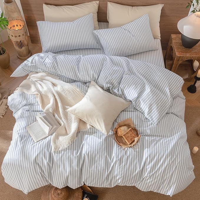MooMee Striped Duvet Cover Set 100% Washed Cotton Linen Like Textured Breathable Durable Soft Comfy (Cornflower Blue White Classic Stripes, Queen 90"x90")