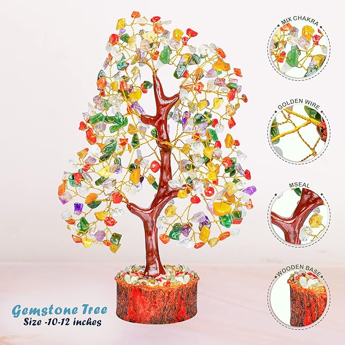 YATHABI Chakra Tree Sculpture - Mix Chakra Golden Wire Crystal Bonsai Tree - Positive Energy, Meditation Decor, Spiritual Gift