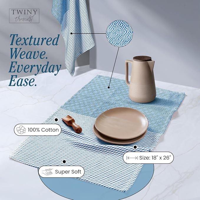 TWINY threads Kitchen Towel Diamond Weave, Premium Large Kitchen Linen Set, 100% Cotton Dish Rag, Absorbent Quick Drying Wash Rags for Drying Dishes, Reusable, Set of 4, 18x26 Inches, Turquiose