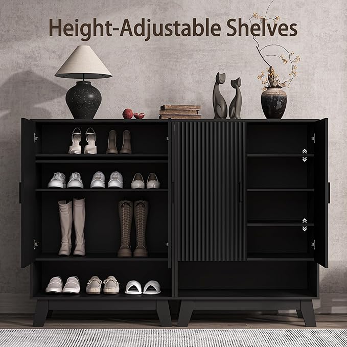 BOXACTION 4-Tier Fluted Shoe Cabinet with 2 Doors & Open Shelf, Mid Century Modern Shoe Storage Organizer with Adjustable Shelves, Metal Handles & Wood Legs, Hidden Shoe Rack for Entryway, Hallway