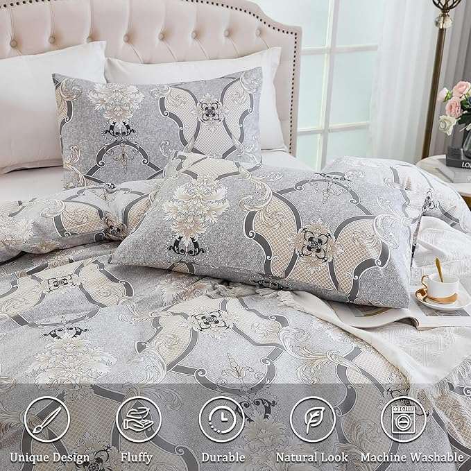 100% Natural Cotton Duvet Cover Set Queen 3 Pcs Grayish Duvet Cover with Luxurious Damask Pattern, Reversible Breathable Soft Comforter Cover Sets with Zipper Closure All Season