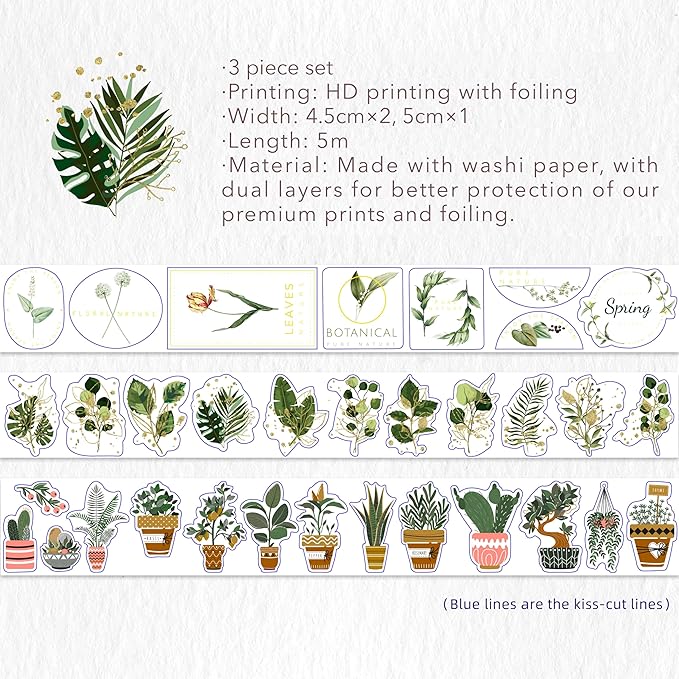 WT Green Oasis Washi Sticker Set, 3 Rolls, Original Designs, Pastel Decorative, Plants Sticker, Gold Foil, Bujo Planner Supplies, DIY Paper Stickers