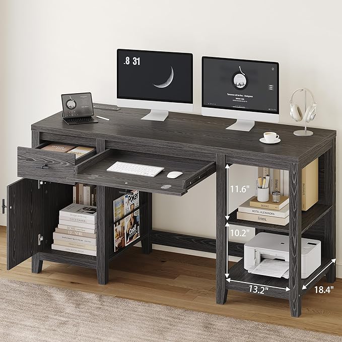 58" Executive Desk with Foldable Keyboard Tray and Charging Station, Farmhouse Wood Home Office Desk with Drawers and Magazine Rack, Large Writing Computer Desk for Home Office and Study, Black