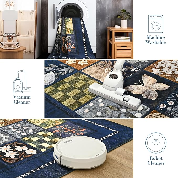 Tepook 5x7 Area Rugs for Living Room, Modern Large Geometric Rug for Bedroom, Washable Patchwork Rug Indoor Non Slip Throw Carpets for Dining Room Office Farmhouse Home Decor, Navy Blue