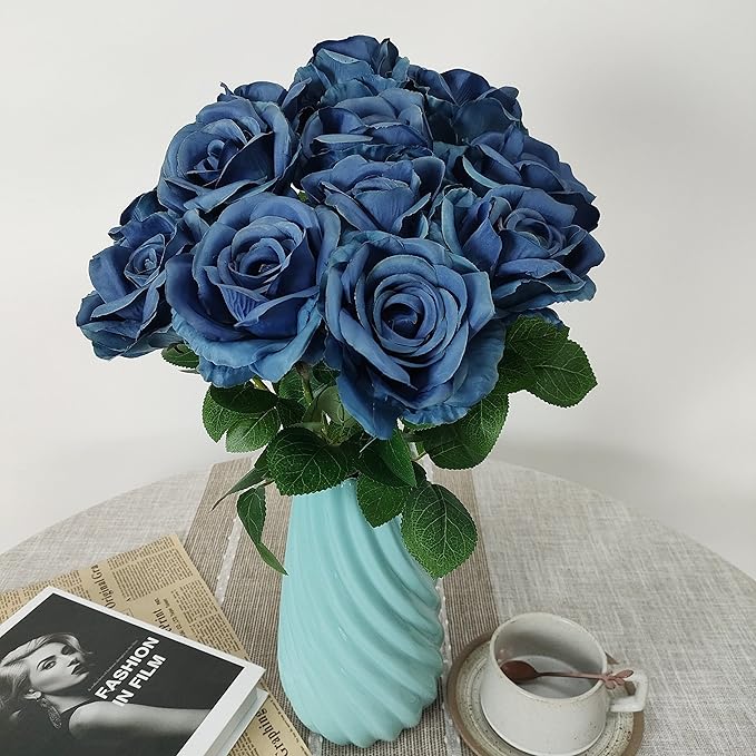 ATFL Grayish Blue Plastic Roses Bouquet,Realistic Gray Blue Flowers Artificial for Vase,12 Pcs Artificial Long Stem Fake Faux Silk Floral Roses for Decorations