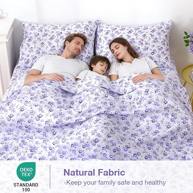 Softan Puple Floral Queen Sheet Set, 4-Piece Microfiber Printed Fitted Sheet with 15" Deep Pockets & Non-Slip Straps, White Flower Patterned Bedding Sheets & Pillowcase Set