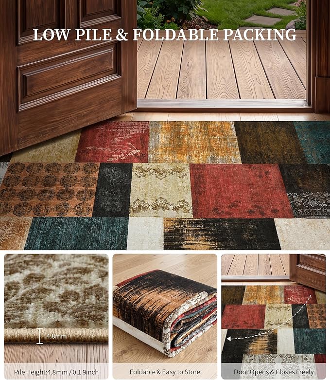 YIHOUSE Mid Century Modern Cowboy Area Rug 6x9 for Living Room,Retro Patchwork Rug Non Slip,Red and Brown Floral Farmhouse Rugs Washable, Geometric Boho Area Rug for Kitchen,Dining Room,Bedroom