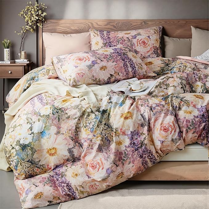 100% Cotton Duvet Cover Queen Size – Romantic Garden Impressionist Floral Duvet Cover Set with Zipper Closure, 3-Piece Luxury & Soft Bedding Set for All Seasons