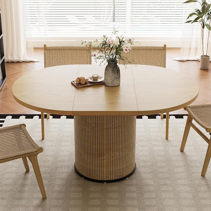 Extendable Round Dining Table for 4-8, 43in-59in Modern Wood Dining Room Table with Removable Leaves, Extendable Dinner Tables w/Heavy Duty Base for Kitchen|Living Room|Small Space, Natural