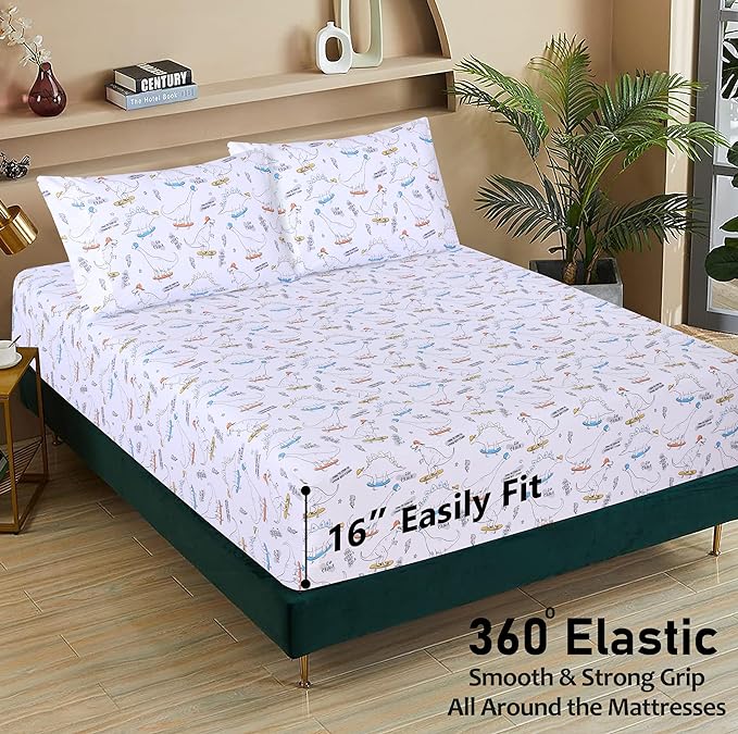 RUVANTI 100% Cotton Full Size Bed Sheets, 4 Pieces, Soft & Breathable Percale Weave Bedding, Deep Pocket 16", Hotel Standard, Crisp Cool Feel, Durable, Perfect Sheet Set Floral, Dino
