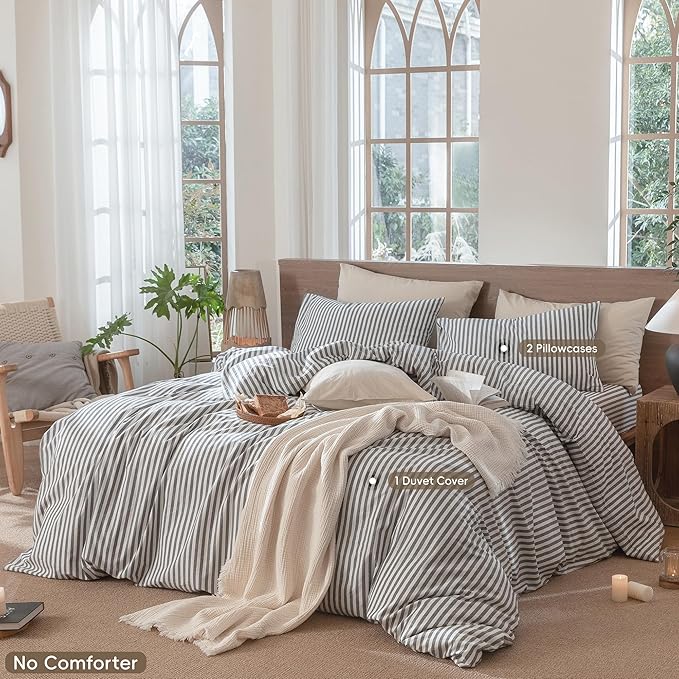 MooMee Striped Duvet Cover Set 100% Washed Cotton Linen Like Textured Breathable Durable Soft Comfy (Dark Grey White Classic Stripes, Super King Plus 120"x120")