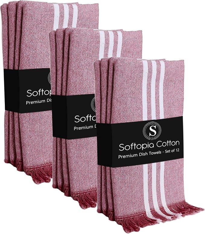 Prewashed Stripe Dish Towels 12 Pack, 16x26 Inches, Absorbent Hand Towels for Kitchen Use, Quick Dry Cloths for Cleaning, Durable Washable Rags, Reusable Dishcloth Set - Burgundy Wine