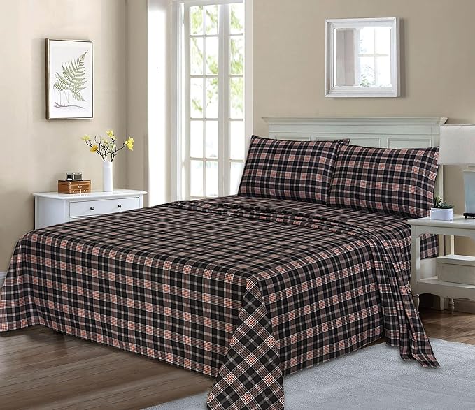 RUVANTI Flannel Sheets Twin XL Size - 100% Cotton Double Brushed Twin XL Sheet Sets, Deep Pockets 16 Inches, All Seasons Breathable & Extra Soft Bed Sheets, Warm & Cozy, 3 Piece, Peach & Black Plaid