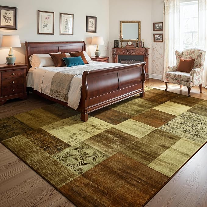Tepook Modern Area Rug for Living Room, 6x9 Geometric Large Rugs for Bedroom, Washable Patchwork Rug Indoor Non-Slip Throw Carpets for Dining Room Office Farmhouse Home Decor, Brown
