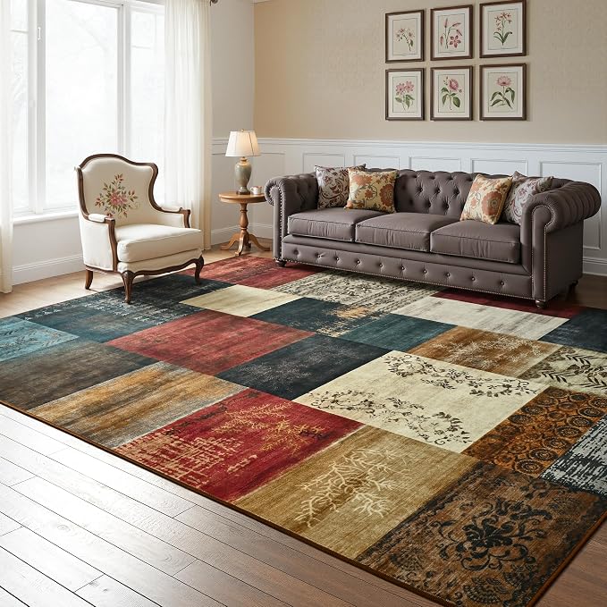 Tepook Modern Area Rug for Living Room, 6x9 Geometric Large Rugs for Bedroom, Washable Patchwork Rug Indoor Non-Slip Throw Carpets for Dining Room Office Farmhouse Home Decor, Multi